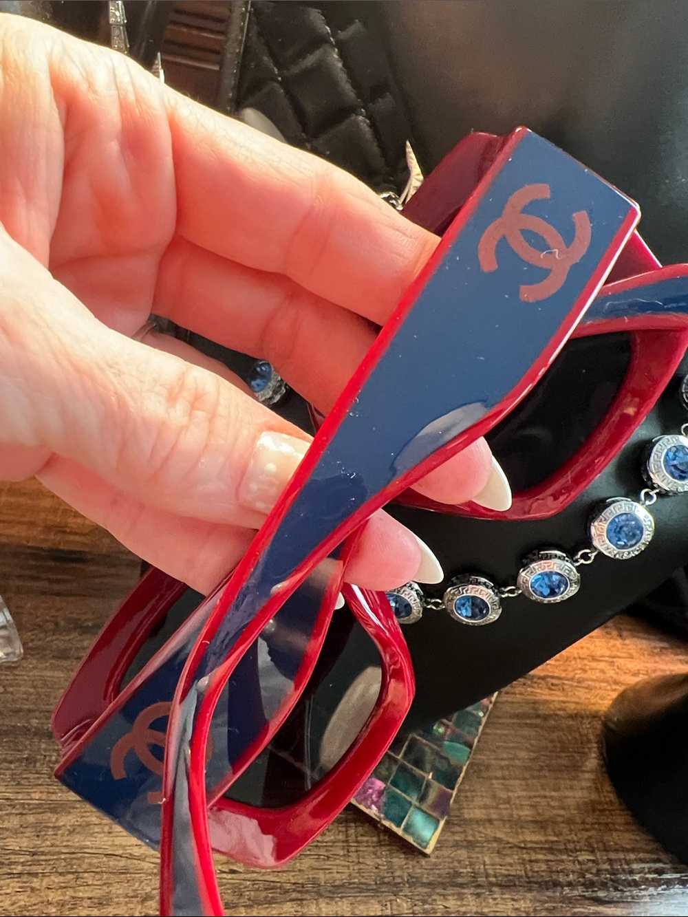 Designer-Inspired Red and Navy Patent Sunglasses